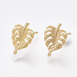 Honeyhandy Brass Stud Earring Findings, with Loop, Tropical Theme, Monstera Leaf, Nickel Free, Real 18K Gold Plated, 14.5x10.5mm, Hole: 0.8mm, Pin: 0.8mm