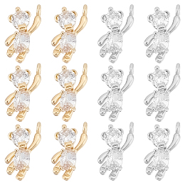 SUNNYCLUE 12Pcs 2 Style Brass Cubic Zirconia Charms, Bear, Clear, Real Gold Plated & Real Platinum Plated, 12x6x3mm, Hole: 1mm, 6pcs/color