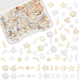 Olycraft 720Pcs 24 Style Brass Cabochons, Nail Art Decoration Accessories for Women, Coral & Fish & Starfish & Shell, Platinum & Golden, 3~6x2~6x0.1mm, 30pcs/style