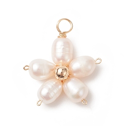 Honeyhandy Natural Cultured Freshwater Pearl Pendants, with Copper Wire Wrapped, Flower Charms, Golden, 22.5x20x6mm, Hole: 3.2mm