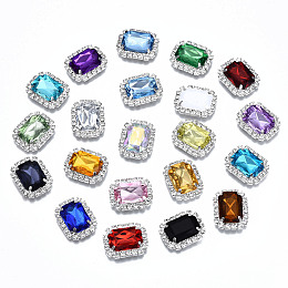 ARRICRAFT Acrylic Rhinestone Cabochons, with Crystal Rhinestones and Brass Rhinestones Findings, Rectangle, Faceted, Platinum, Mixed Color, 23.5x19x6~7mm