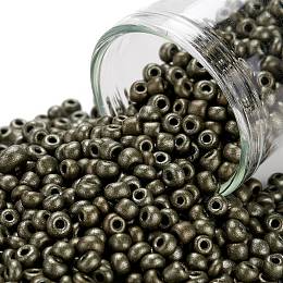 Honeyhandy 8/0 Glass Seed Beads, Metallic Colours Style, Round, Dark Olive Green, 8/0, 3mm, Hole: 1mm, about 10000pcs/pound