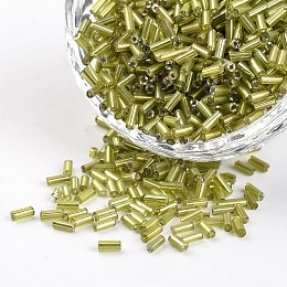 Silver Lined Round Hole Glass Bugle Beads, Dark Khaki, 3~5x1.8~2mm, Hole: 0.8mm, about 12000pcs/450g