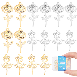 DICOSMETIC 16Pcs 2 Styles Hollow Rose Flower Charm Golden Floral Pendant Birth Month Flower Charm Open Back Bezel Pendant Stainless Steel Dangle Charm for DIY Jewelry Making Valentine's Day Gift