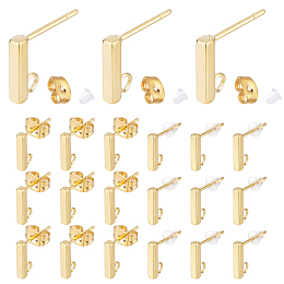 PandaHall Elite 50Pcs 304 Stainless Steel Stud Earring Findings, with Loop, Rectangle, with 50Pcs 304 Stainless Steel & 50Pcs Plastic Ear NutS, Golden, 10x2x2mm, Hole: 1.5~1.8mm, Pin: 0.8mm