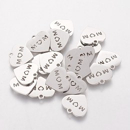 Honeyhandy Mother's Day Theme, 304 Stainless Steel Charms, Heart with Word MOM, Stainless Steel Color, 13x14x1mm, Hole: 1.5mm