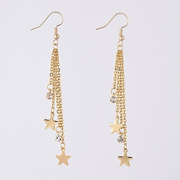 Honeyhandy Tassel Dangle Earrings, with 304 Stainless Steel Star Charms & Cable Chains, Brass Rhinestone Charms & Real 18K Gold Plated Earring Hooks, 84mm, Pin: 0.7mm