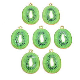 Light Gold Alloy Enamel Pendants, Cadmium Free & Nickel Free & Lead Free, Kiwi Fruit Slice, Lime Green, 26.5x19.5x2mm, Hole: 1.8mm