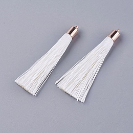 Honeyhandy Polyester Tassel Big Pendant Decorations, with Alloy Finding, Golden, Creamy White, 58~65x7~25mm, Hole: 1.5mm