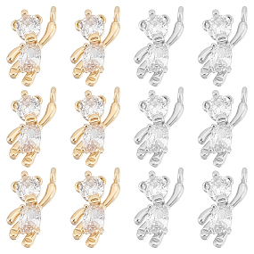 SUNNYCLUE 12Pcs 2 Style Brass Cubic Zirconia Charms, Bear, Clear, Real Gold Plated & Real Platinum Plated, 12x6x3mm, Hole: 1mm, 6pcs/color