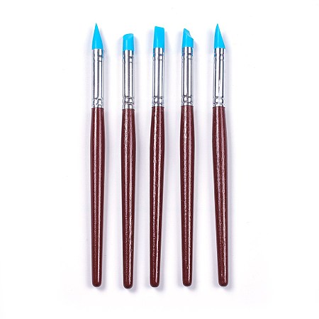 Honeyhandy Paint Brushes, with Soft Silicone Rubber Head & Wood Handle, Shaping Modeling Wipe Out Tools, For Sculpture Pottery, Coconut Brown, 170~173x8.65~9.5mm, Head: 15~20.5x7.5mm, 5pcs/set