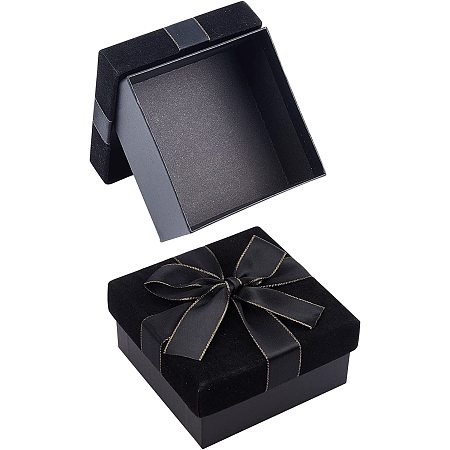 NBEADS 2 Pcs Velvet Jewelry Box, Cardboard Gift Box with Bowknot Ribbon Necklace Earring Square Jewelry Packaging Storage Case for Wedding Engagement Birthday and Anniversary, 3.94x3.94x1.93Inch