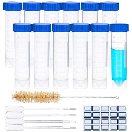 BENECREAT 30 Packs Flat Bottom Plastic Centrigue Tubes Screw Cap Plastic Test Tubes with Cleaning Brushes, Pipettes, Label - for Lab Industrial Use