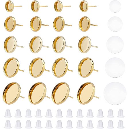 DICOSMETIC 5 Sizes 40Pcs Stainless Steel Stud Earrings Cabochon Settings Earring Post Cup Blank Trays Earring Round Bezel Earring with Glass Cabochons Silicone Ear Nuts for Jewelry Making