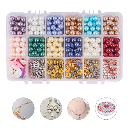 PandaHall Elite 1 Box Glass Pearl Beads Diameter 8mm with Spacer Beads Pendant Charms Jump Ring and Elastic Crystal Beading Wire for Jewelry Making