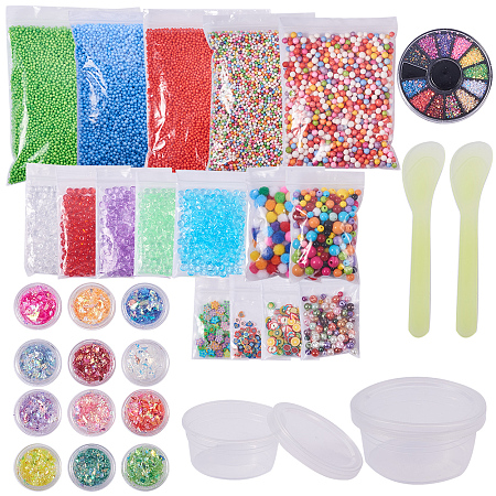 PandaHall Elite 33 Packs Slime Supplies Kit Including Foam Balls, Fishbowl Beads, Glitter Sheet, Pearl Bead, Fruit Flower Heart Slices, Candy Paper Confetti, Pom Pom Balls, Clear Containers Slime Tool