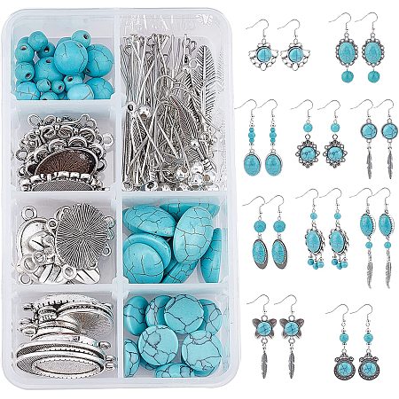 SUNNYCLUE 1 Box DIY 10 Pairs Turquoise Bead Earrings Making Kit Alloy Enamel Leaf Pendants Charms with Turquoise Beads Eye Pin & Earring Hooks for DIY Earring Jewelery Making, Antique Silver