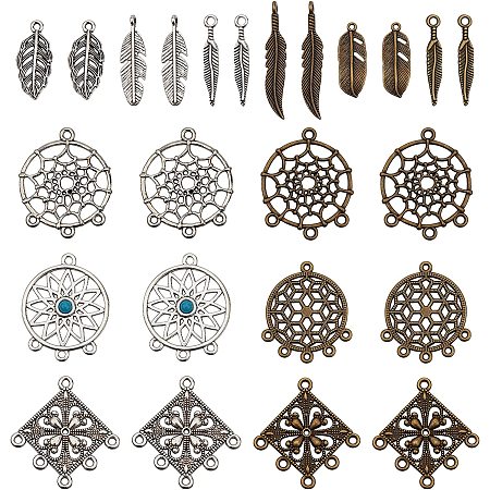 SUNNYCLUE 1 Box 144Pcs Boho Style Dream Catcher Charms Feather Leaf Charm Flat Round Chandelier Components Links Leaves Charms Turquoise Hollow Charm for Jewelry Making Charms Earring DIY Supplies