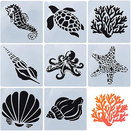 GORGECRAFT 8 Mixed Sea Animals Stencils Set 5.1x5.1 Ocean Creatures Painting Templates for DIY Art Crafts Scrabooking (Starfish, Conch, Seahorse, Coral, Shell Designs)