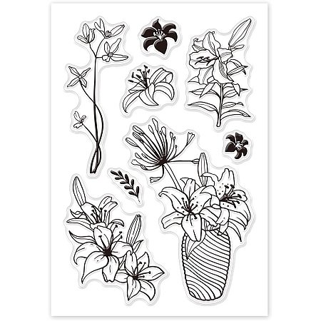 GLOBLELAND Lily Flower Clear Stamps Silicone Stamp Cards Plant Vase of Lilies Clear Stamps for Card Making Decoration and DIY Scrapbooking