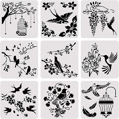 BENECREAT 9PCS 12x12 Inches Mixed Animal Theme Painting Stencil Set, Bird Painting Templates for Art Craft Painting Scrabooking