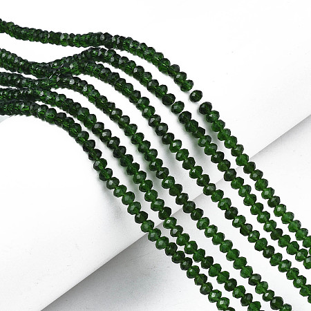 Honeyhandy Glass Beads Strands, Faceted, Rondelle, Dark Green, 3.5x3mm, Hole: 0.4mm, about 123~127pcs/strand, 13.78 inch~14.17 inch(35~36cm)