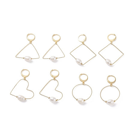 ARRICRAFT Large Geometry Wire Dangle Hoop Earrings, Pearl Beaded Drop Earrings for Women, Golden, Seashell Color, 44.5mm, Pin: 0.85mm, 4pair/set