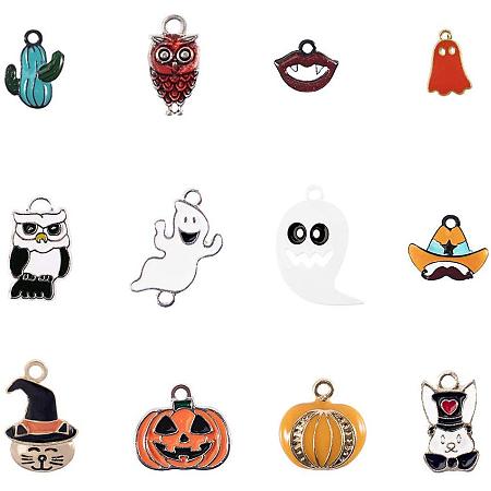 PandaHall Elite 24pcs 12 Styles Halloween Charm Alloy Enamel Pendants Pumpkin Owl Ghost Skull for Halloween Decorations Jewelry Making