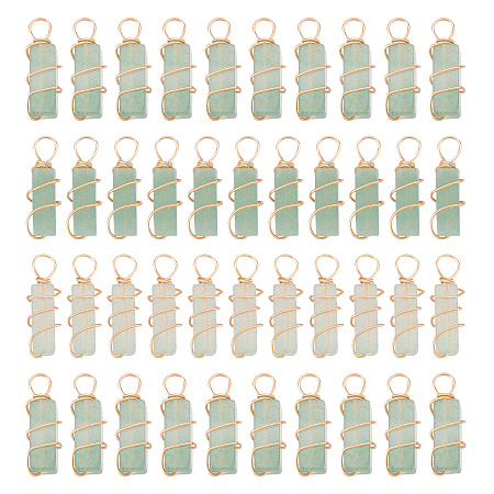 DICOSMETIC 40Pcs Natural Green Aventurine Pendants, with Golden Tone Copper Wire Wrapped, Cuboid, 19~20x6x6mm, Hole: 2.5~3mm