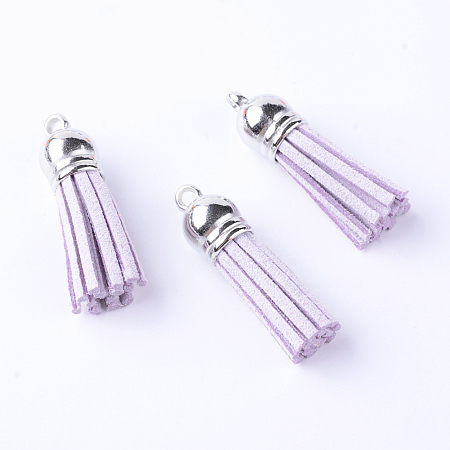 Honeyhandy Faux Suede Tassel Pendant Decorations, with CCB Plastic Cord Ends, Platinum, Plum, 35~37x10mm, Hole: 1.8mm