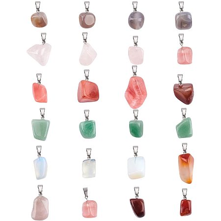NBEADS 24 Pcs Gemstone Pendants, Nuggets Pendants Rose Quartz Stone Pendants Green Aventurine Charms with Stainless Steel Snap On Bails for Necklace Jewelry Making, 6 Materials