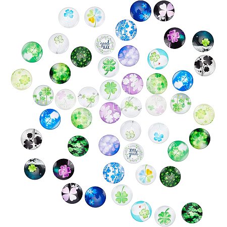 PandaHall Elite 25mm Clover Glass Cabochons 50pcs Four Leaf Tiles Green Leaves Glass Dome Cabochons Half Round St. Patrick's Day Tiles for Friendship Photo Cameo Pendant Jewelry Making Scrapbooking
