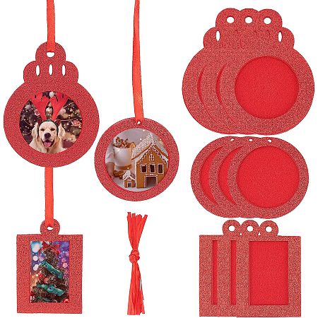 GORGECRAFT 18 Pieces 3 Styles Christmas Photo Frame Ornaments Red Rectangle Round Glitter Holiday Picture Frame with Ribbon Felt Christmas Tree Hanging Decoration for Home Christmas Party Decor