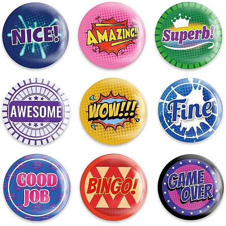 GLOBLELAND 9Pcs Good Job Pinback Buttons Amazing Game Over Brooch Pins Picnic Camping Button Badges for Adults Kids Men or Women, 2.3Inch, Mixed Color