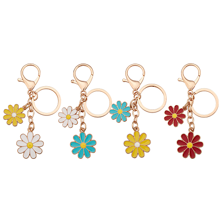 AHANDMAKER 4 Pcs Daisy Flower Keychains, Enameled Flower Keychain Charms Accessories with Clasps and Key Rings for Women Gift Backpack Bag Purse Handbag Hanging Decoration