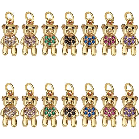 SUPERFINDINGS 14Pcs 7 Colors Brass Bear Charm Brass Micro Pave Clear Cubic Zirconia Pendants Real 18K Gold Plated Charm Pendant 15.5x8mm for Jewelry Necklace Earring Making, Jump Ring: 5mm