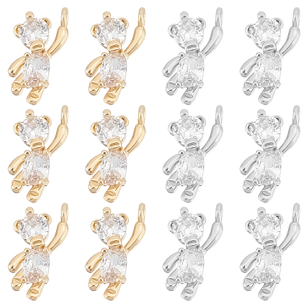 SUNNYCLUE 12Pcs 2 Style Brass Cubic Zirconia Charms, Bear, Clear, Real Gold Plated & Real Platinum Plated, 12x6x3mm, Hole: 1mm, 6pcs/color