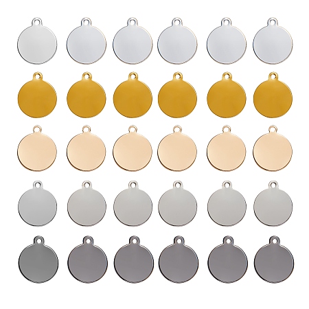 30 Pcs 5 Colors Brass Charms, Stamping Blank Tag, Flat Flat Round, Loops, Mixed Color, 12x10mm, Hole: 1.2mm