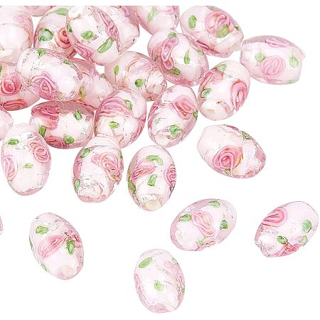 OLYCRAFT 30Pcs Handmade Silver Foil Lampwork Beads Pink Inner Flower Beads Gold Sand Lampwork Beads for Jewelry Making 16~17x11mm