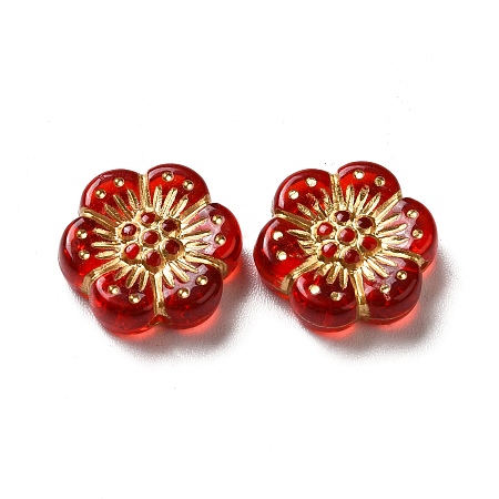 Transparent Acrylic Beads, Golden Metal Enlaced, Plum Blossom, Red, 12~13x4mm, Hole: 1mm, about 1150pcs/500g