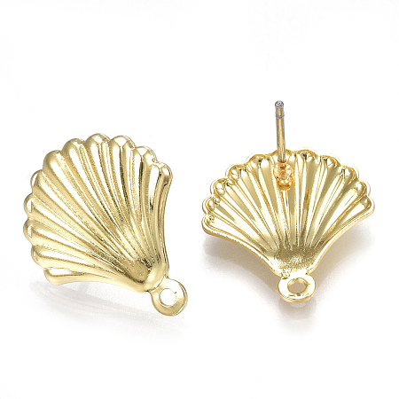 Honeyhandy Alloy Stud Earring Findings, with Loop, Steel Pins, Shell, Light Gold, 18x15mm, Hole: 1.2mm, Pin: 0.7mm