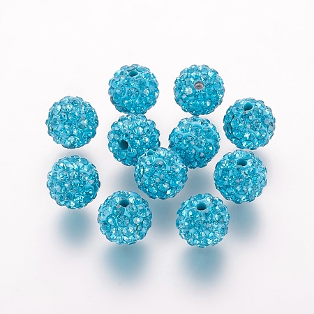 Honeyhandy Polymer Clay Rhinestone Beads, Grade A, Round, Pave Disco Ball Beads, Blue Zircon, 8x7.5mm, Hole: 1mm
