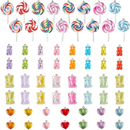 NBEADS 60 Pcs 4 Styles Resin Charms, Polymer Clay Pendants Bear Pendants Candy Pendants Heart Pendant Lollipop Charms for DIY Jewelry Making