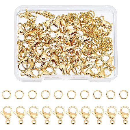 DICOSMETIC 40pcs 8mm 304 Stainless Steel Golden Jewelry End Clasps Lobster Claw Clasps Parrot Trigger Clasps with 80pcs Open Jump Rings for Jewelry Making,Hole:1.5mm