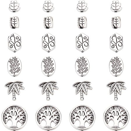 SUNNYCLUE 1 Box 120Pcs 6 Styles Leaf Beads Silver Alloy Leaves Flat Round Tree of Life Oval Plants Coin Bead Vintage Loose Spacers for DIY Jewelry Making Earrings Necklaces Crafts Findings