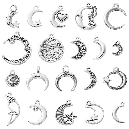 100Pcs 20 Styles Tibetan Style Alloy Pendants, Cadmium Free & Lead Free, Moon with Star, Antique Silver, 12~26x7.5~21x1~4mm, Hole: 1.5~3mm, 5pcs/style