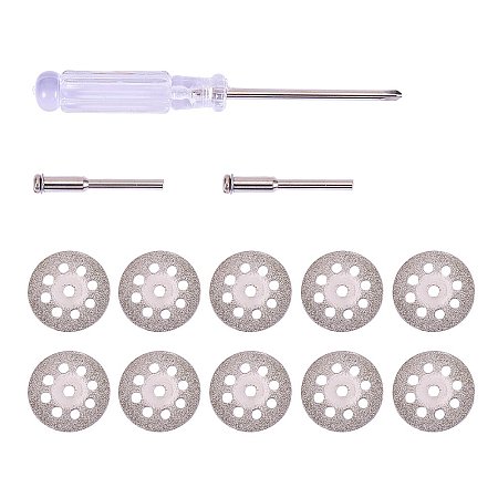 NBEADS 10Pcs 22mm Mini Diamond Double Side Cutting Discs with 2Pcs Mandrel and 1pc Small Cross Screwdriver Cut-Off Wheel Blades Set for Dremel Rotary Tool Gemstones Glass Cutting Disks
