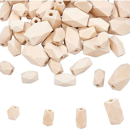 Pandahall Elite 80pcs 4 Sizes Natural Wooden Beads, Polygon Wood Beads Unfinished Faceted Geometric Wood Beads for Pendant Ornament, Jewelry and Craft