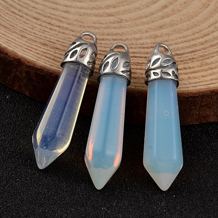 Honeyhandy Bullet Opalite Pendants, with Platinum Tone Alloy Findings, 33~40x8~10mm, Hole: 3x2mm