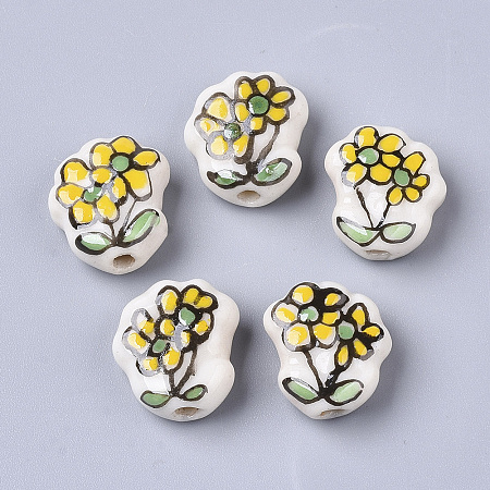 Honeyhandy Handmade Porcelain Beads, Famille Rose Style, Flower, Gold, 15.5x14x6.5mm, Hole: 1.8mm
